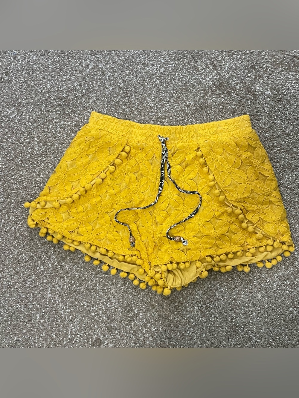 Yellow Vintage Crochet Pom Pom Shorts With Beaded Ties